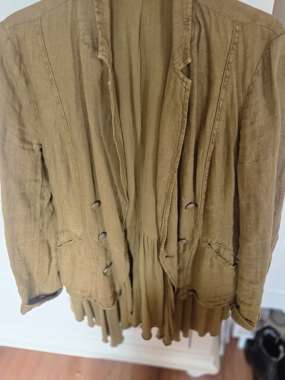 Free People Olive Green Double-Breasted Blazer with Pleated Hem